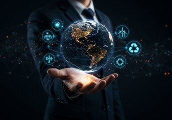 Businessman holding Earth hologram with eco-friendly energy sources