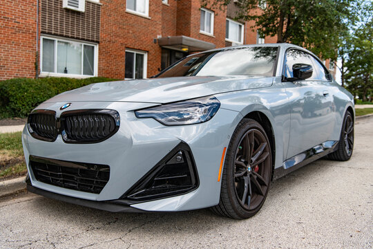 Park Ridge, Illinois, USA - August 18, 2024: 2022 BMW M240 car. Luxury car of BMW M240 model. Car of BMW M240 parked outdoor. BMW M240, corner view