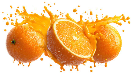 Three Juicy Oranges with Splashing Orange Juice on White Background