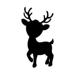 Cute cartoon reindeer with antlers walking in silhouette style