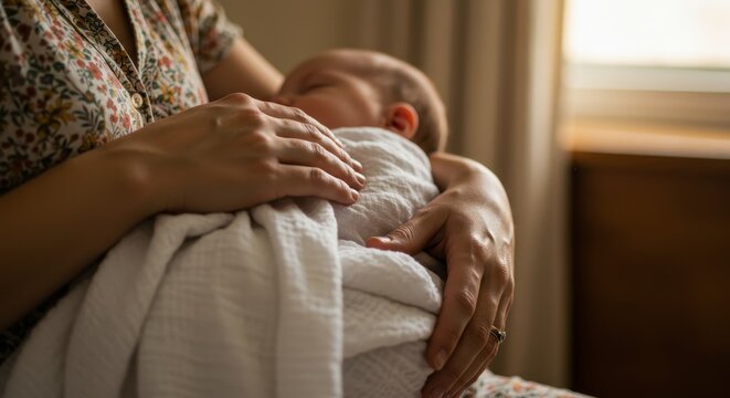 Woman holding a sleeping newborn baby close. Motherhood and new life concept. Gentle moment for family, postpartum support.