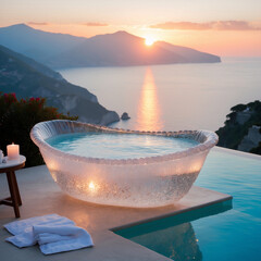 Obraz na płótnie Canvas Glass bathtub overlooking ocean at sunset, luxury spa with sea view