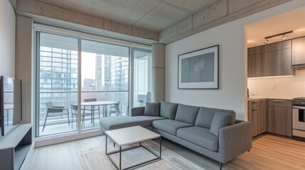 Modern apartment living space with city views.