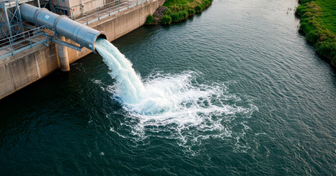 Large pipe discharging water into a river next to a concrete dam. Water flowing from industrial pipeline for power generation. - Powered by Adobe