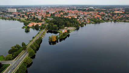 An arial view from the old town in the city Viborg in Denmark on a sunny day in spring

