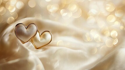 Two gold hearts on a soft, cream-colored fabric with a bokeh background.