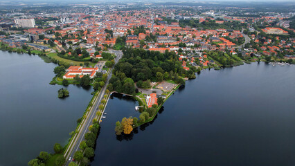 An arial view from the old town in the city Viborg in Denmark on a sunny day in spring
