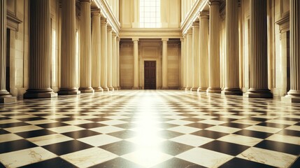A grand, empty hall with marble columns and a checkered floor.