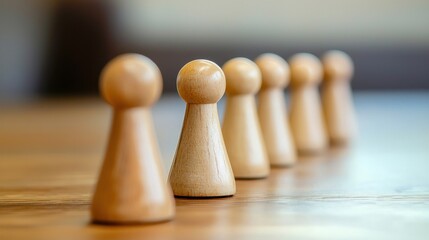 A wooden figurine in a row on a wooden surface with a blurred background.