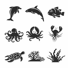 Sea animals vector set with decorative and artistic design elements
