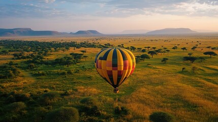 Obraz premium A colorful hot air balloon floats above a vast savanna landscape during sunrise, with acacia trees and distant flat-topped hills under a partly cloudy sky.
