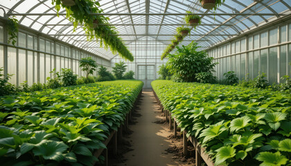 Lush greenhouse interior filled with rows of vibrant green plants under glass roof.