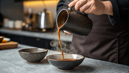 Hand pouring hot tea into a cup in a professional kitchen