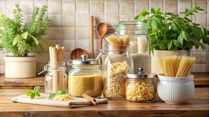 A rustic kitchen counter displays various dried pasta shapes and breadsticks neatly organized in glass jars and a ceramic bowl, complemented by fresh herbs