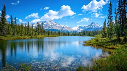 A serene mountain lake surrounded by lush green trees and a clear blue sky with scattered clouds.