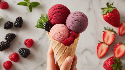 A hand holding a cone with three colorful scoops of berry sorbet in red, pink, and purple surrounded by blackberries, raspberries, strawberries, and mint leaves on a smooth white marble surface