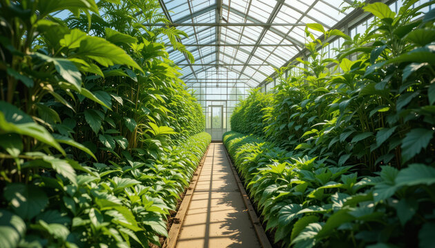 Interior view of a greenhouse with rows of lush green plants growing under a glass roof, showcasing agricultural cultivation.
