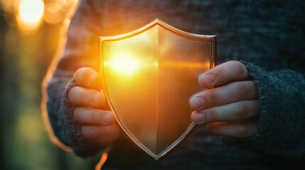 A person holding a golden shield with a golden sun shining through it.