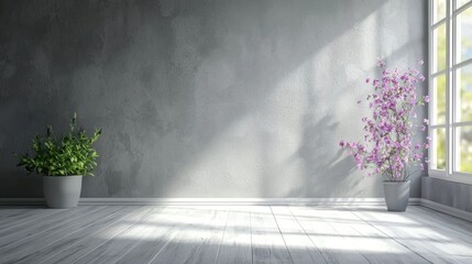 A minimalist, empty room with a concrete wall and a window, featuring a potted plant and a flower arrangement.
