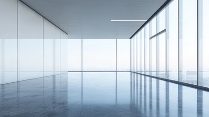 A spacious, modern office with large glass windows and a concrete floor.