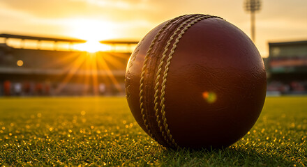 Close-up of cricket ball at sunset in stadium with golden glow