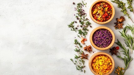 Three wooden bowls filled with colorful dried herbs and spices, placed on a white textured surface with scattered herbs and spices around them.