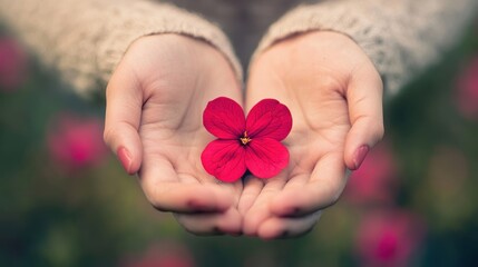 Two hands holding a red flower in the palm of each hand.