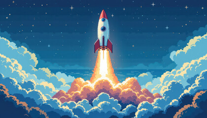 Fototapeta premium A cartoon rocket launches into a starry sky, leaving a trail of bright orange and yellow flames.