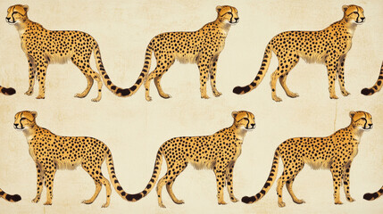 Obraz premium Illustration of six cheetahs in a line with detailed spots and realistic anatomy on plain background
