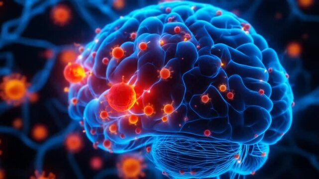 brain with glowing blue connections. Red and yellow immune cells, cytokines depict autoimmune response in encephalitis. Medical research, neurological disorders, neural networks. 4k video