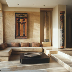 stylish living room featuring ancient Egyptian inspired decor, with textured walls, comfortable sofa, and artistic pillars. warm tones create cozy