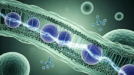 
Cell membrane with active transport, scientific and microscopic, depicting molecular exchange, in green and purple with electrical impulses.