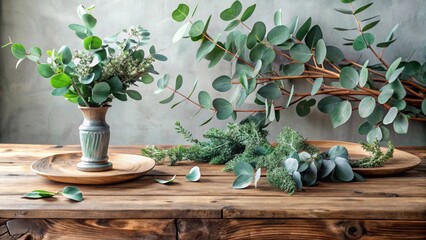 Rustic Wooden Tabletop Still Life Featuring an Elegant Vase of Greenery and Lush Eucalyptus Branches