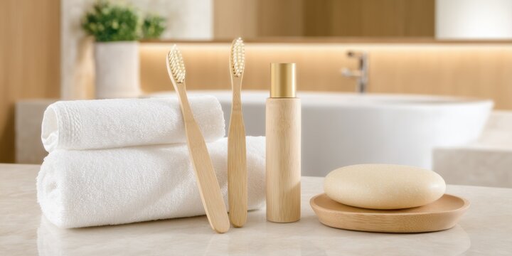 Plastic-free bathroom accessories with bamboo toothbrushes, bar soap on wooden tray, white towel stack and zero waste bath setup in neutral light
