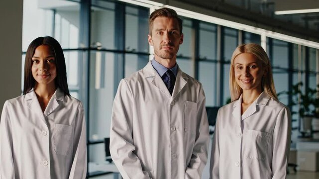 A professional medical team standing confidently looking directly at the camera, wearing clean white lab coats, warm and natural lighting, modern hospital background