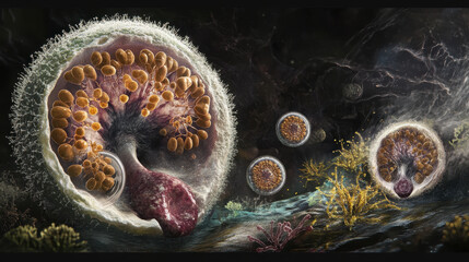 Highly detailed microscopic view of fungal spores and hyphae developing inside a decaying organic matter