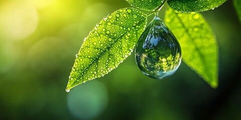 Water Drop on Green Leaf Glowing in Natural Light Environment