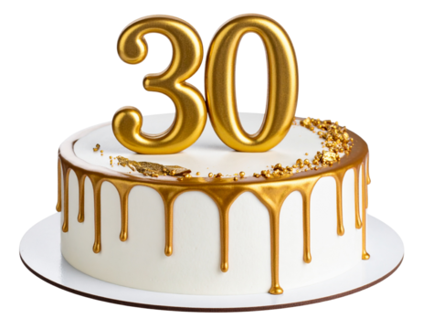 Modern Style 30th Number Cake with Gold Accents and Chocolate Drip, angled view, transparent background. 