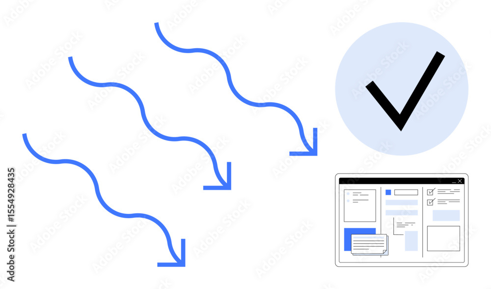 Poster curved blue arrows pointing toward a web layout, large check mark symbolizing approval or success. i