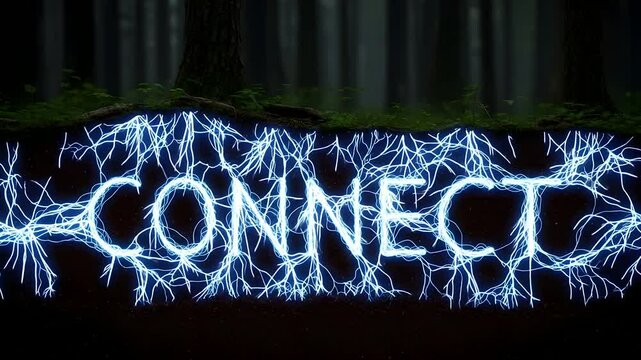 Glowing 'CONNECT' text art underground with tree roots, illuminating network. Ideal for illustrating connection, nature, and digital communication themes in tech and environmental contexts.
