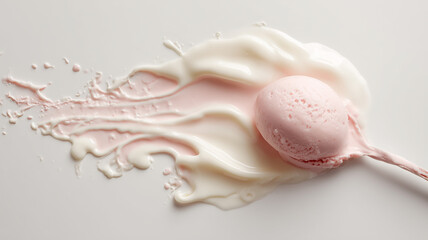 A pale pink scoop of ice cream melting on a smooth white surface with flowing cream streaks and small splash textures visible