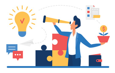 Success business new idea concept vector illustration. Cartoon businessman leader character looking through telescope at light bulb, successful corporate leadership and career isolated on white