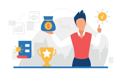 Business finance investment concept vector illustration. Cartoon investor businessman character holding money bag, successful financial idea to invest money, increase profit wealth isolated on white