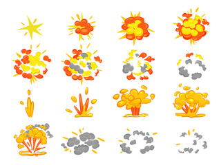 Colorful cartoon explosion icons in various stages perfect for game design, animation, comic effects, or educational projects isolated on white background vector illustration