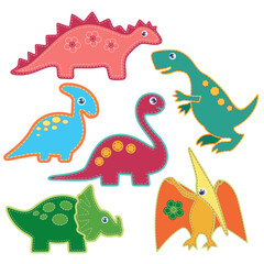 The set of cute bright dinosaurs patches vector illustration. Cardboard dino style