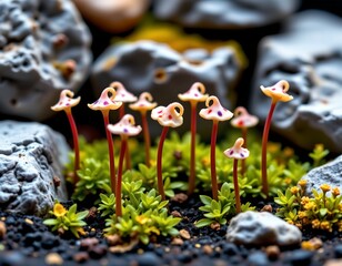 the image features a close up of a group of small, unique plants growing in a miniature environment, the plants have slender, reddish stems topped with delicate, spotted