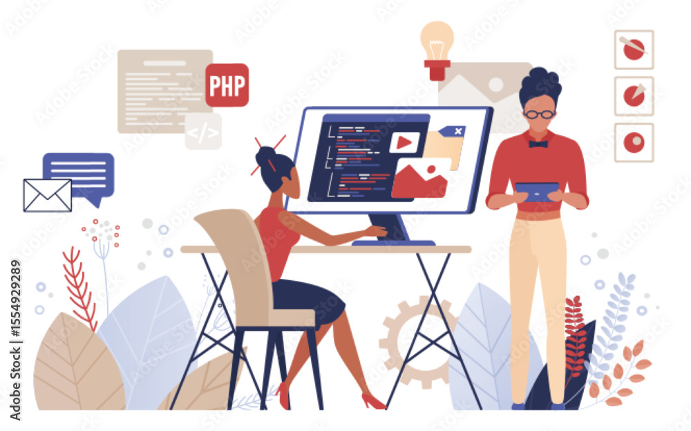 Aufkleber People programming vector illustration. Cartoon flat man woman programmer developers work, coder characters create program software, modern technology developing, tech coding process isolated on white