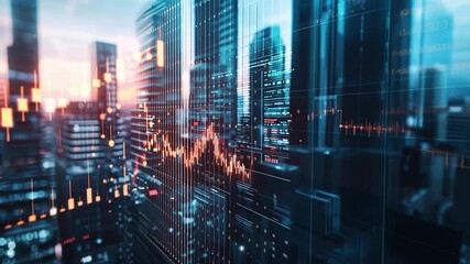 Futuristic stock exchange data showing growing chart with coding and programming data visualized on a glass building with blurred city lights in the background - Powered by Adobe
