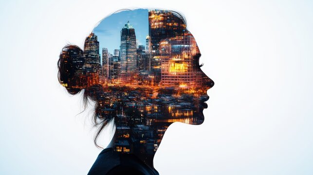 Cityscape reflection within profile of woman with bun hairstyle and illuminated skyscrapers background