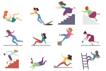Set of flat vector injuring female woman falling down the stairs and over the edge, ladder, drop from the altitude, wet floor falling, stumbling on the sewer hall, tripping on stairs isolated